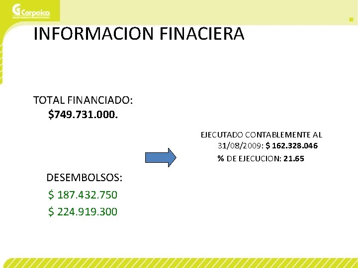 INFORMACION FINACIERA TOTAL FINANCIADO: $749. 731. 000. EJECUTADO CONTABLEMENTE AL 31/08/2009: $ 162. 328.