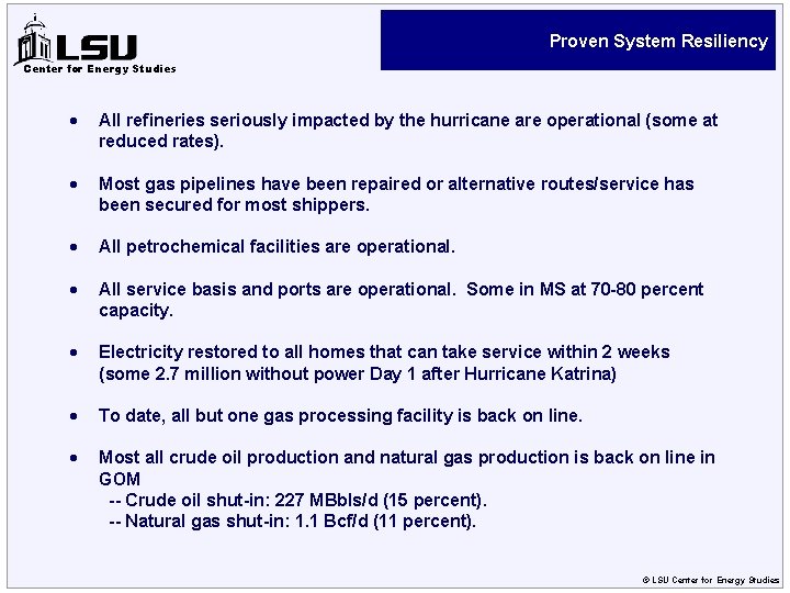 Proven System Resiliency Center for Energy Studies · All refineries seriously impacted by the