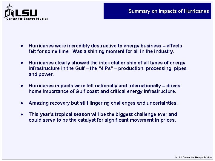 Summary on Impacts of Hurricanes Center for Energy Studies · Hurricanes were incredibly destructive
