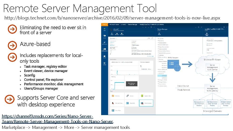 Remote Server Management Tool http: //blogs. technet. com/b/nanoserver/archive/2016/02/09/server-management-tools-is-now-live. aspx https: //channel 9. msdn. com/Series/Nano-Server.