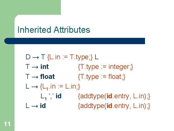 Inherited Attributes D → T {L. in : = T. type; } L T