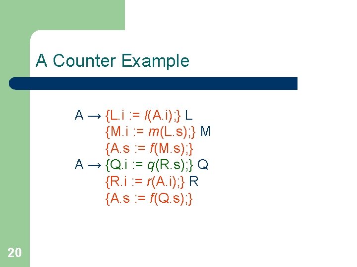 A Counter Example A → {L. i : = l(A. i); } L {M.