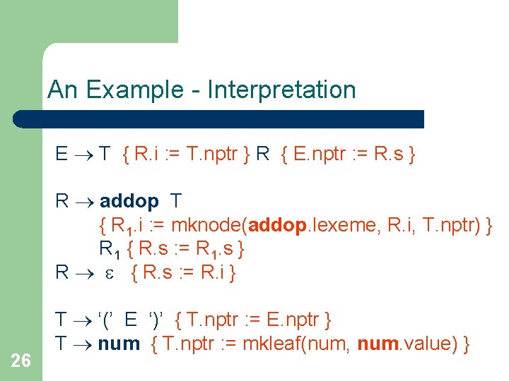 An Example - Interpretation E T { R. i : = T. nptr }