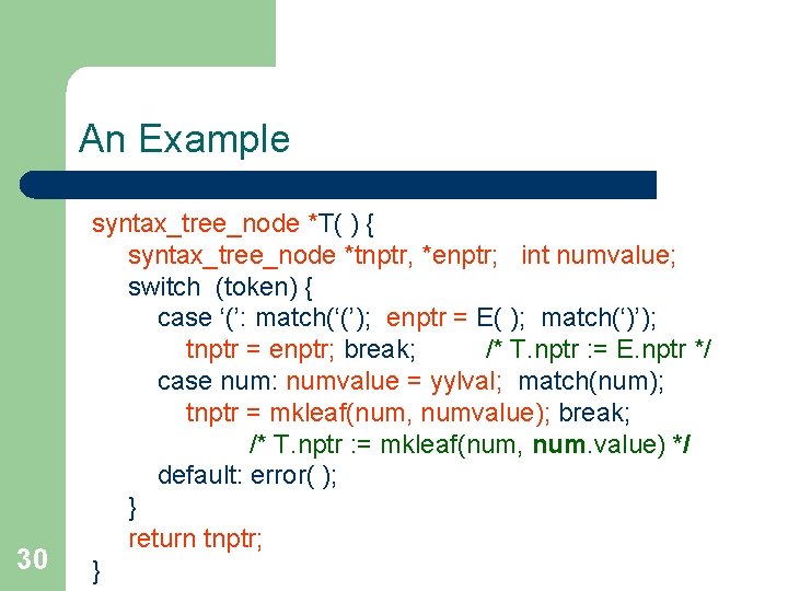 An Example 30 syntax_tree_node *T( ) { syntax_tree_node *tnptr, *enptr; int numvalue; switch (token)