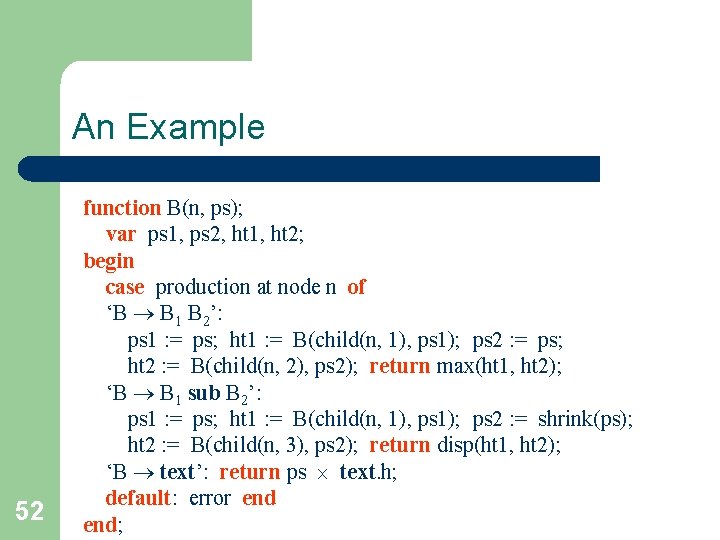 An Example 52 function B(n, ps); var ps 1, ps 2, ht 1, ht