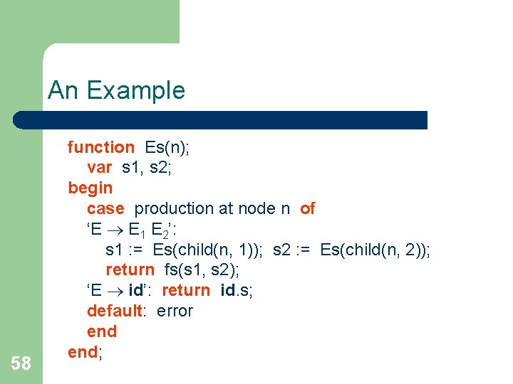 An Example 58 function Es(n); var s 1, s 2; begin case production at