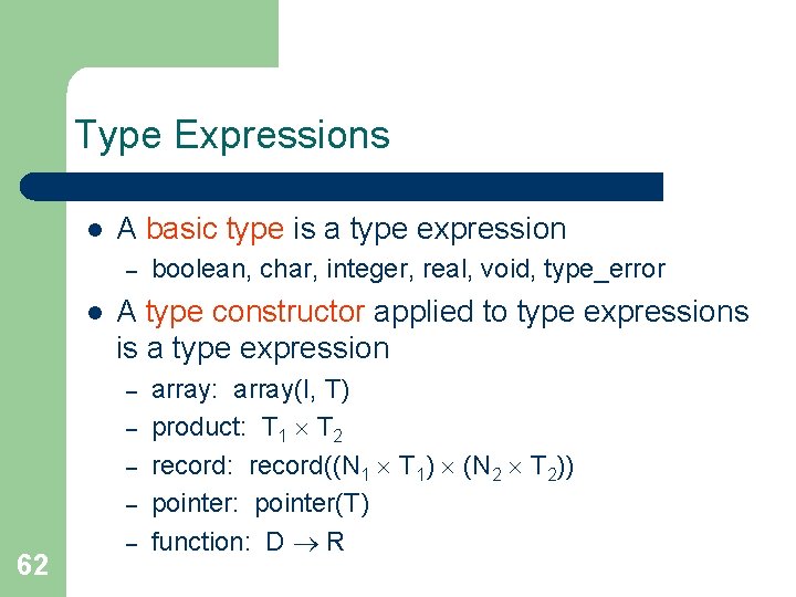 Type Expressions l A basic type is a type expression – l A type