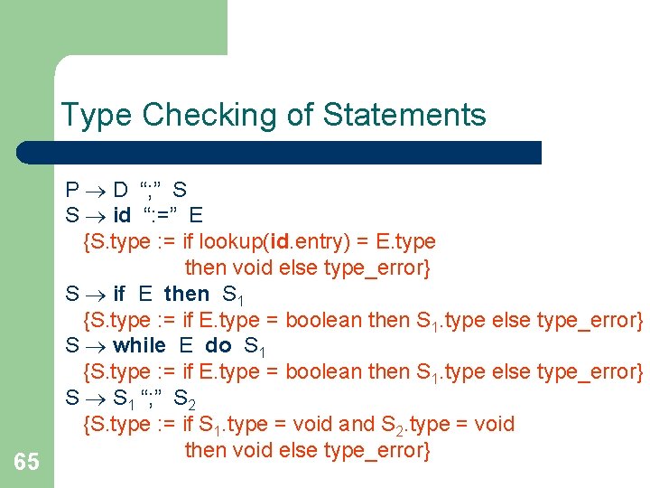 Type Checking of Statements 65 P D “; ” S S id “: =”