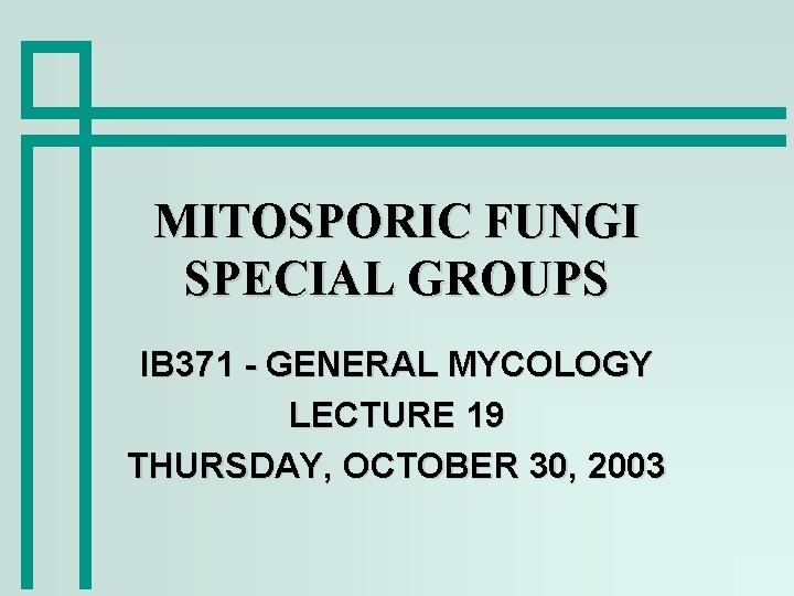 MITOSPORIC FUNGI SPECIAL GROUPS IB 371 - GENERAL MYCOLOGY LECTURE 19 THURSDAY, OCTOBER 30,