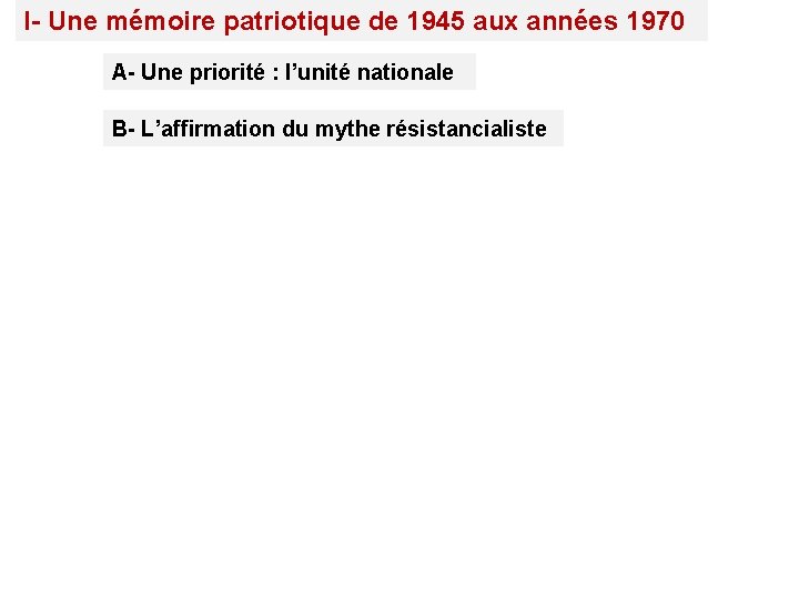 I- Une mémoire patriotique de 1945 aux années 1970 A- Une priorité : l’unité I- Une mémoire patriotique de 1945 aux années 1970 A- Une priorité : l’unité
