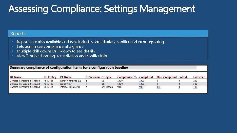 Reports § § Reports are also available and now includes remediation, conflict and error