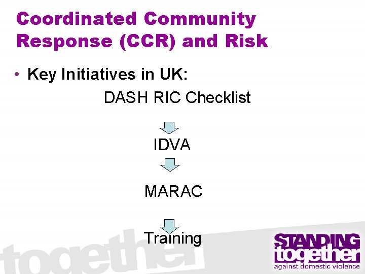 Coordinated Community Response (CCR) and Risk • Key Initiatives in UK: DASH RIC Checklist