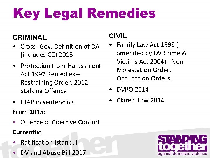 Key Legal Remedies CRIMINAL • Cross- Gov. Definition of DA (includes CC) 2013 •