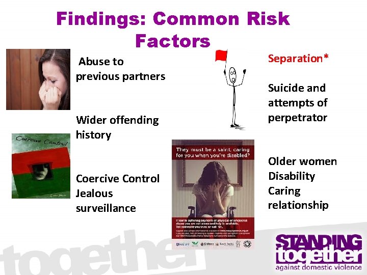 Findings: Common Risk Factors Abuse to previous partners Wider offending history Coercive Control Jealous