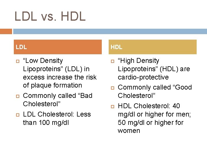 LDL vs. HDL LDL “Low Density Lipoproteins” (LDL) in excess increase the risk of LDL vs. HDL LDL “Low Density Lipoproteins” (LDL) in excess increase the risk of