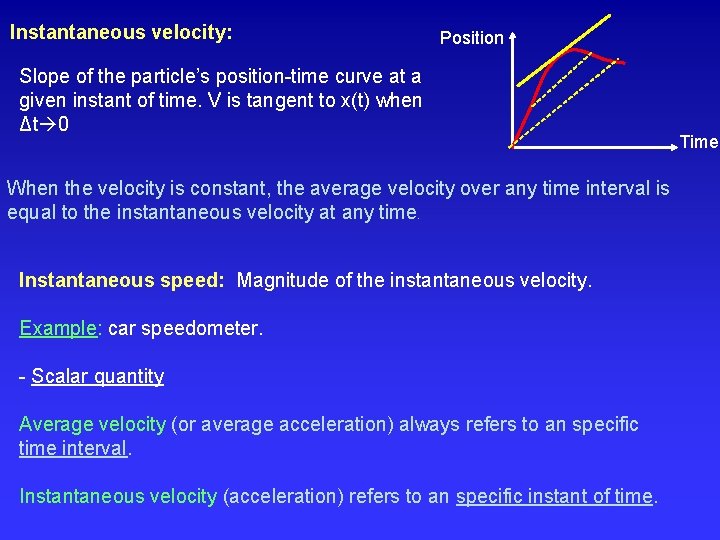  Instantaneous velocity: Position Slope of the particle’s position-time curve at a given instant