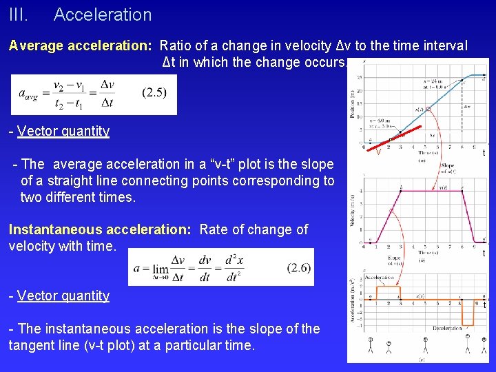 III. Acceleration Average acceleration: Ratio of a change in velocity Δv to the time