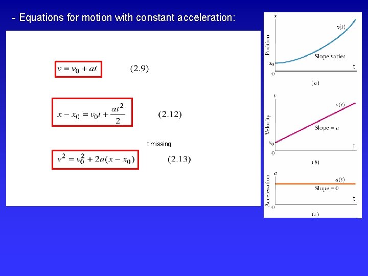 - Equations for motion with constant acceleration: t t missing t t 