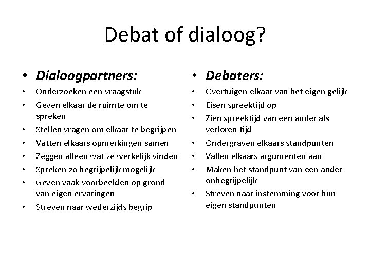 Debat of dialoog? • Dialoogpartners: • • Onderzoeken een vraagstuk Geven elkaar de ruimte