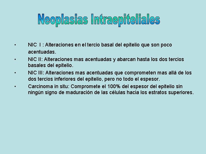  • • NIC I : Alteraciones en el tercio basal del epitelio que