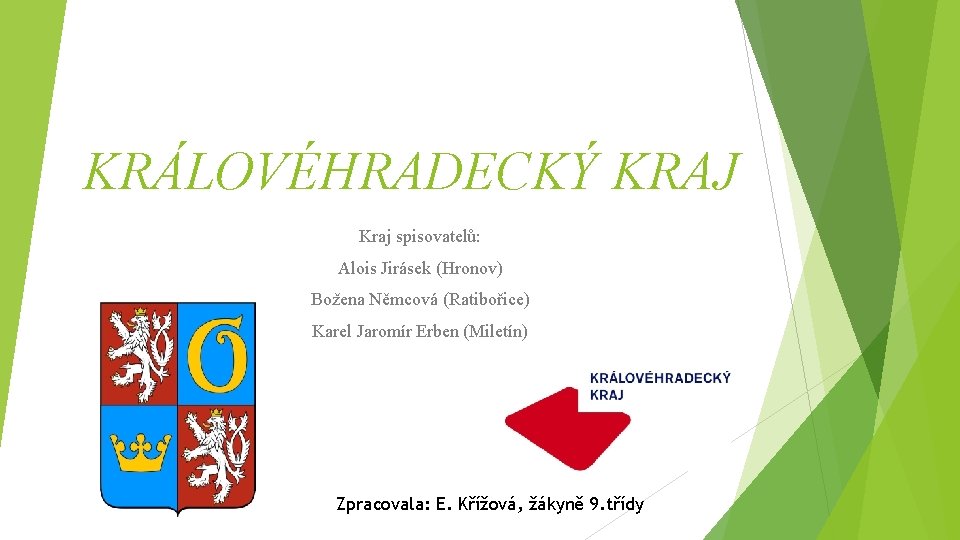 KRÁLOVÉHRADECKÝ KRAJ Kraj spisovatelů: Alois Jirásek (Hronov) Božena Němcová (Ratibořice) Karel Jaromír Erben (Miletín)