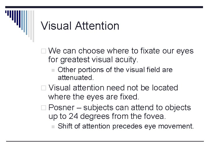 Visual Attention o We can choose where to fixate our eyes for greatest visual