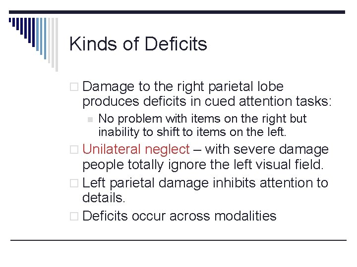 Kinds of Deficits o Damage to the right parietal lobe produces deficits in cued