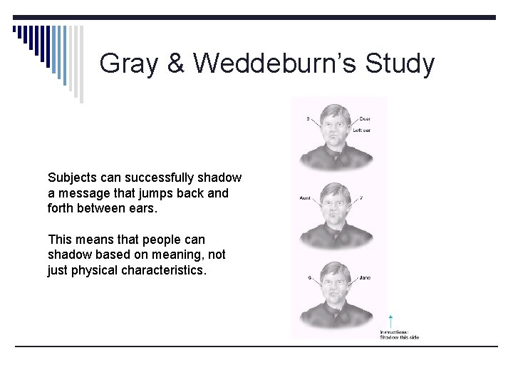 Gray & Weddeburn’s Study Subjects can successfully shadow a message that jumps back and