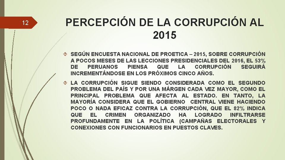 12 PERCEPCIÓN DE LA CORRUPCIÓN AL 2015 SEGÚN ENCUESTA NACIONAL DE PROETICA – 2015,