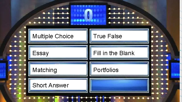 14 Multiple Choice True False Essay Fill in the Blank Matching Portfolios Short Answer