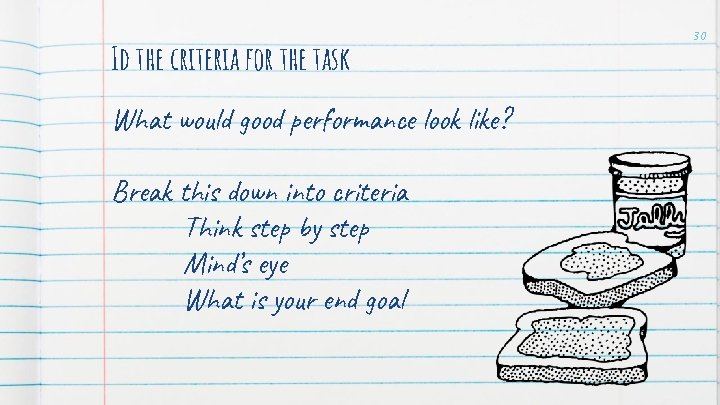 Id the criteria for the task What would good performance look like? Break this
