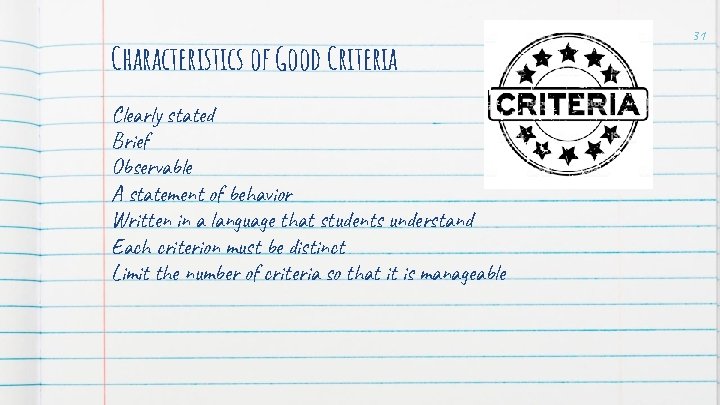 Characteristics of Good Criteria Clearly stated Brief Observable A statement of behavior Written in