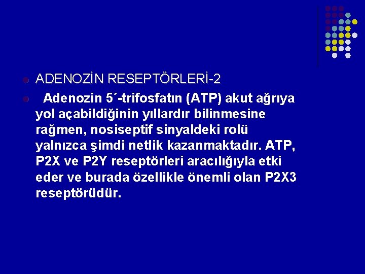 l l ADENOZİN RESEPTÖRLERİ-2 Adenozin 5´-trifosfatın (ATP) akut ağrıya yol açabildiğinin yıllardır bilinmesine rağmen, l l ADENOZİN RESEPTÖRLERİ-2 Adenozin 5´-trifosfatın (ATP) akut ağrıya yol açabildiğinin yıllardır bilinmesine rağmen,