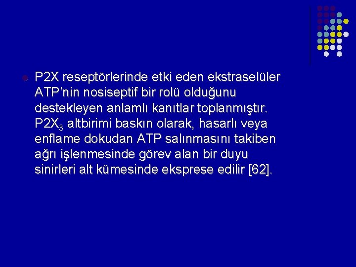 l P 2 X reseptörlerinde etki eden ekstraselüler ATP’nin nosiseptif bir rolü olduğunu destekleyen l P 2 X reseptörlerinde etki eden ekstraselüler ATP’nin nosiseptif bir rolü olduğunu destekleyen