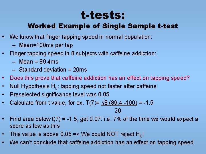 t-tests: Worked Example of Single Sample t-test • We know that finger tapping speed