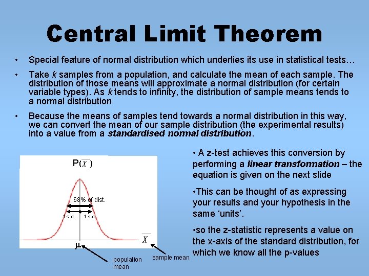 Central Limit Theorem • Special feature of normal distribution which underlies its use in