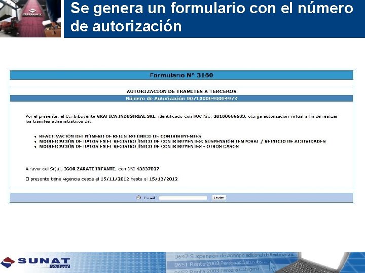 Se genera un formulario con el número de autorización 