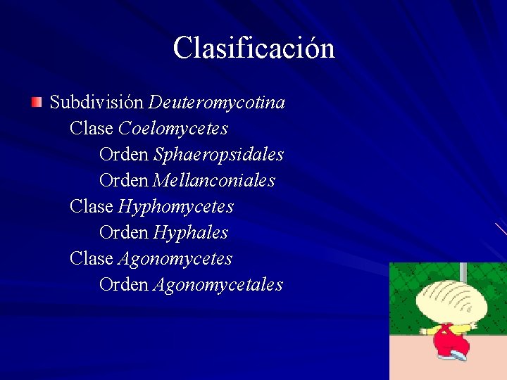 Clasificación Subdivisión Deuteromycotina Clase Coelomycetes Orden Sphaeropsidales Orden Mellanconiales Clase Hyphomycetes Orden Hyphales Clase