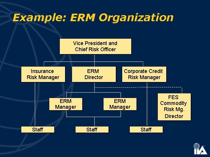 Example: ERM Organization Vice President and Chief Risk Officer Insurance Risk Manager ERM Director