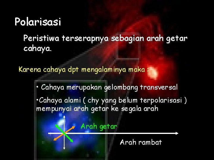 Polarisasi Peristiwa terserapnya sebagian arah getar cahaya. Karena cahaya dpt mengalaminya maka : •