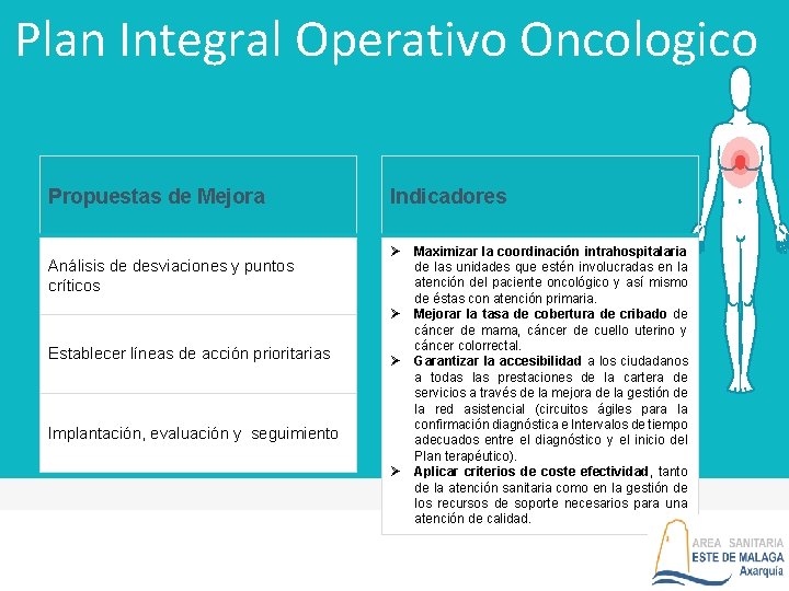 Plan Integral Operativo Oncologico Propuestas de Mejora Análisis de desviaciones y puntos críticos Indicadores