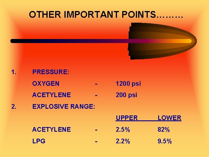 OTHER IMPORTANT POINTS……… 1. 2. PRESSURE: OXYGEN - 1200 psi ACETYLENE - 200 psi