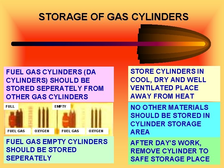 STORAGE OF GAS CYLINDERS FUEL GAS CYLINDERS (DA CYLINDERS) SHOULD BE STORED SEPERATELY FROM