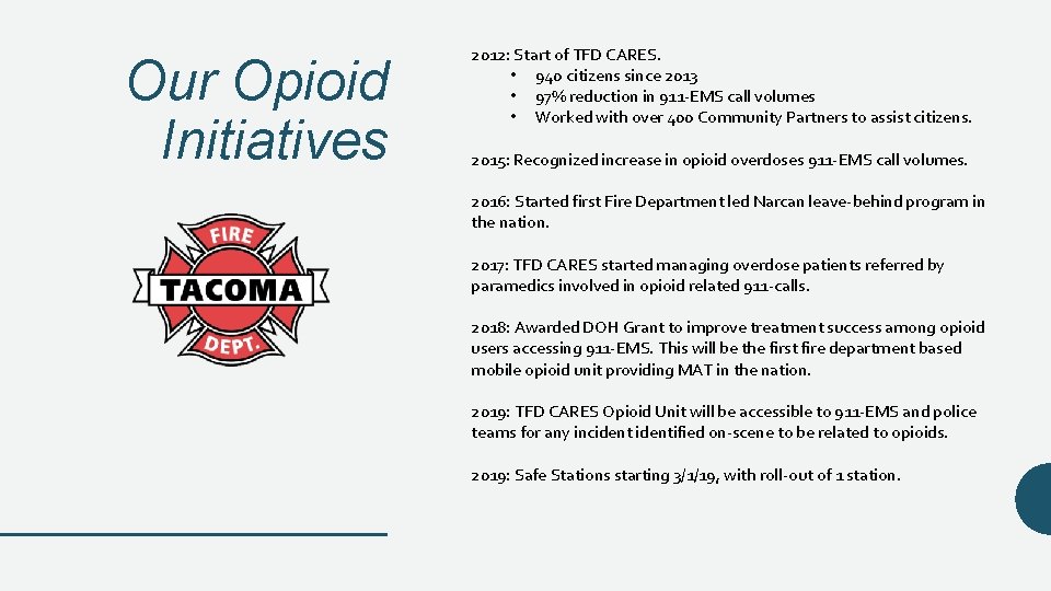 Our Opioid Initiatives 2012: Start of TFD CARES. • 940 citizens since 2013 •