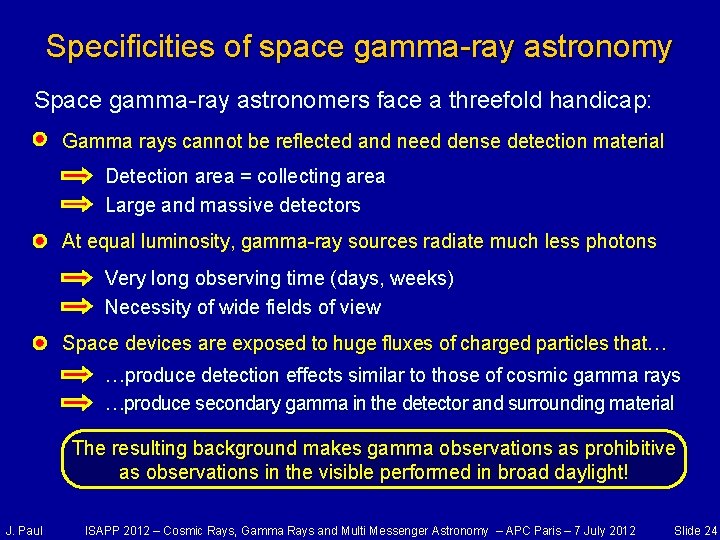 Specificities of space gamma-ray astronomy Space gamma-ray astronomers face a threefold handicap: Gamma rays
