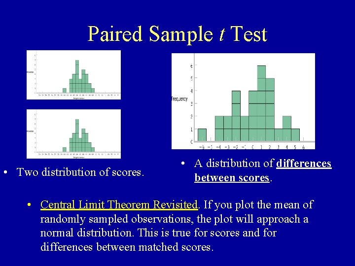Paired Sample t Test • Two distribution of scores. • A distribution of differences Paired Sample t Test • Two distribution of scores. • A distribution of differences