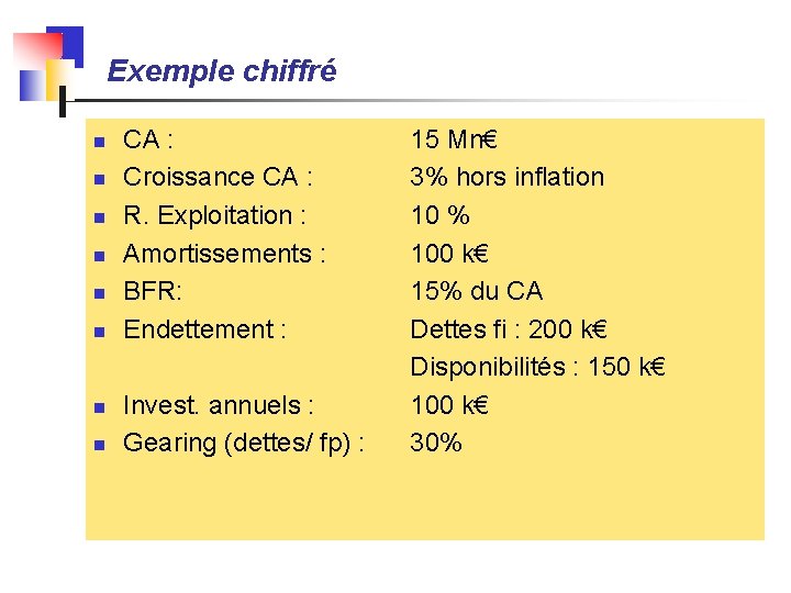 Exemple chiffré n n n n CA : Croissance CA : R. Exploitation :