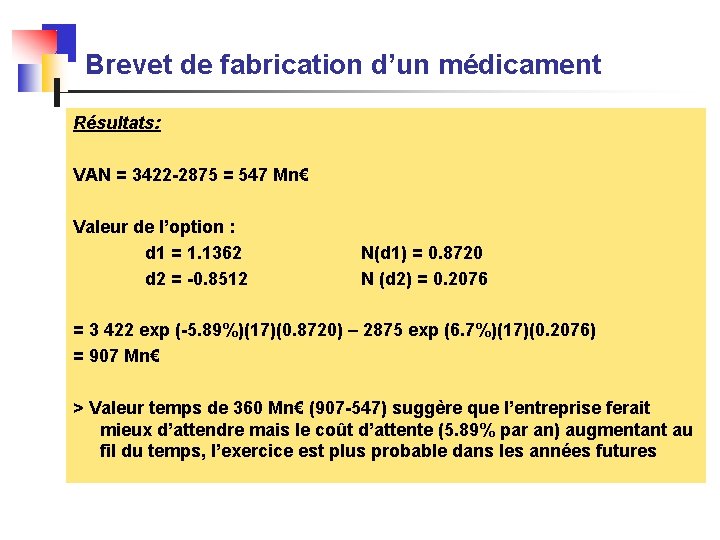Brevet de fabrication d’un médicament Résultats: VAN = 3422 -2875 = 547 Mn€ Valeur