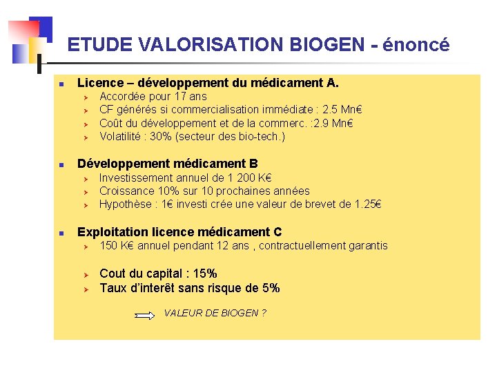 ETUDE VALORISATION BIOGEN - énoncé n Licence – développement du médicament A. Ø Ø