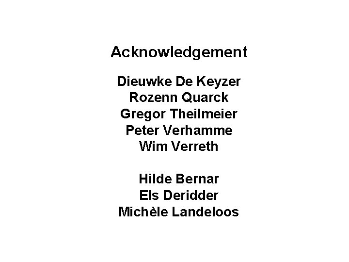 Acknowledgement Dieuwke De Keyzer Rozenn Quarck Gregor Theilmeier Peter Verhamme Wim Verreth Hilde Bernar